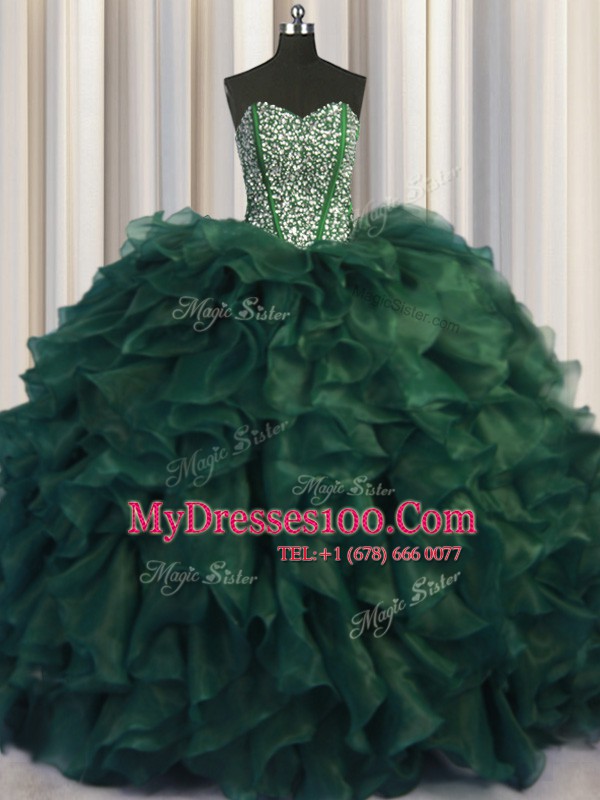 Cheap Bling-bling Dark Green Lace Up Quinceanera Dresses Beading and Ruffles Sleeveless With Brush Train