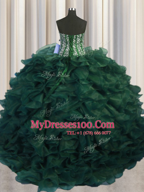 Cheap Bling-bling Dark Green Lace Up Quinceanera Dresses Beading and Ruffles Sleeveless With Brush Train