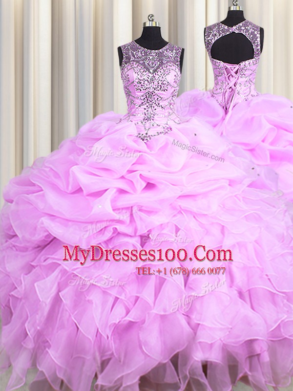 Scoop See Through Floor Length Lace Up 15th Birthday Dress Lilac for Military Ball and Sweet 16 and Quinceanera with Beading and Ruffles and Pick Ups