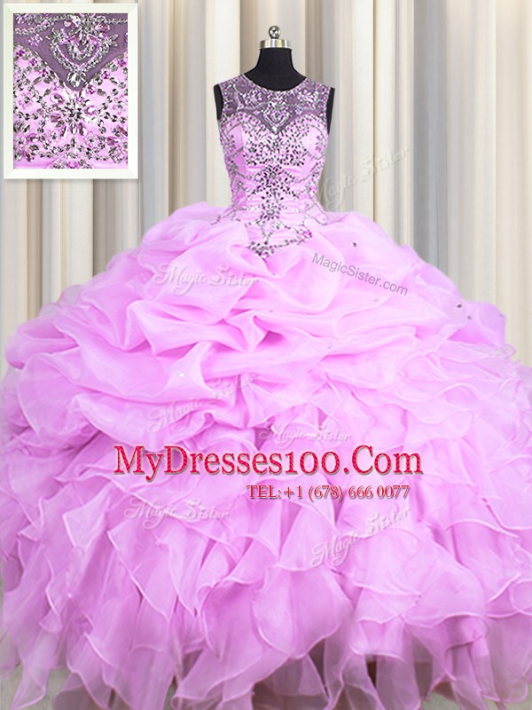 Scoop See Through Floor Length Lace Up 15th Birthday Dress Lilac for Military Ball and Sweet 16 and Quinceanera with Beading and Ruffles and Pick Ups