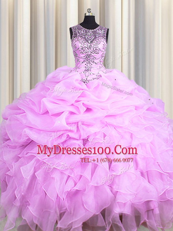 Scoop See Through Floor Length Lace Up 15th Birthday Dress Lilac for Military Ball and Sweet 16 and Quinceanera with Beading and Ruffles and Pick Ups