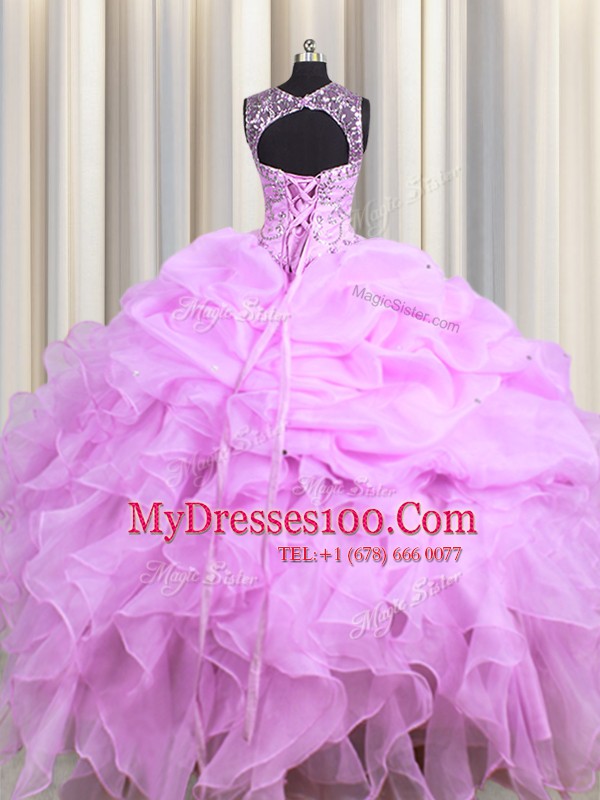 Scoop See Through Floor Length Lace Up 15th Birthday Dress Lilac for Military Ball and Sweet 16 and Quinceanera with Beading and Ruffles and Pick Ups