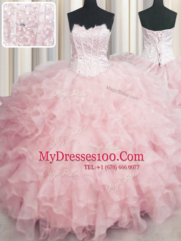 Flirting Visible Boning Scalloped Sleeveless Lace Up Quince Ball Gowns Baby Pink Organza