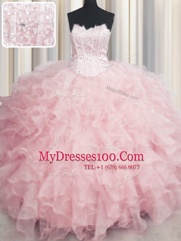 Flirting Visible Boning Scalloped Sleeveless Lace Up Quince Ball Gowns Baby Pink Organza