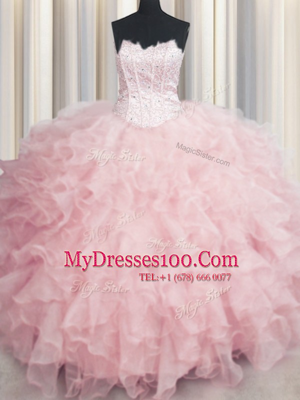 Flirting Visible Boning Scalloped Sleeveless Lace Up Quince Ball Gowns Baby Pink Organza