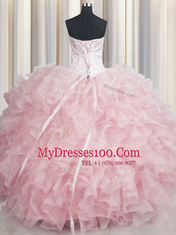 Flirting Visible Boning Scalloped Sleeveless Lace Up Quince Ball Gowns Baby Pink Organza