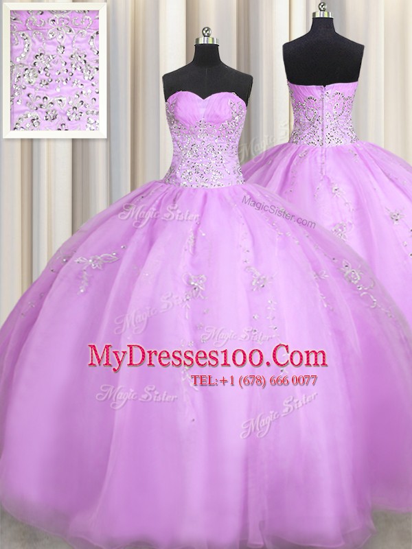 Noble Lilac Organza Zipper Sweetheart Sleeveless Floor Length Ball Gown Prom Dress Beading and Appliques