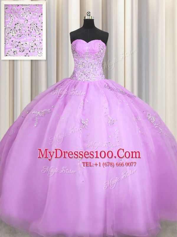 Noble Lilac Organza Zipper Sweetheart Sleeveless Floor Length Ball Gown Prom Dress Beading and Appliques