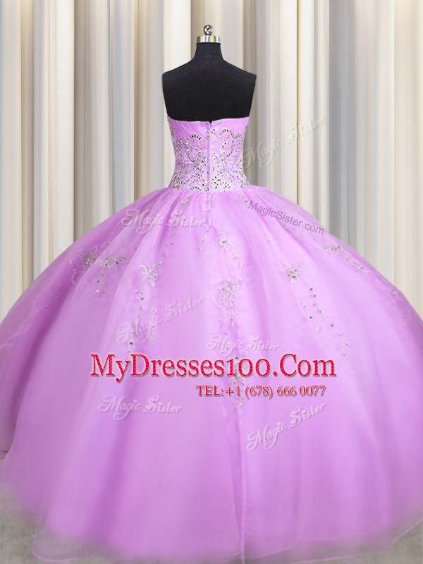 Noble Lilac Organza Zipper Sweetheart Sleeveless Floor Length Ball Gown Prom Dress Beading and Appliques