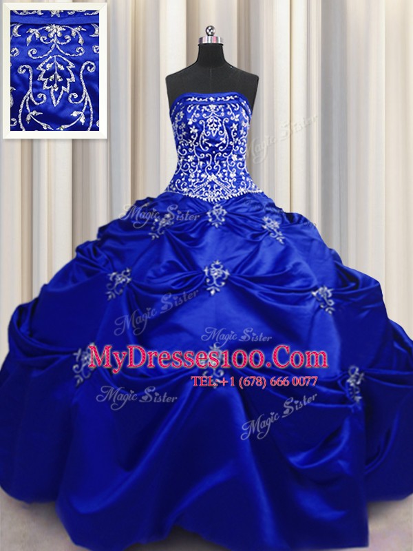 Designer Embroidery Ball Gowns Quinceanera Dresses Royal Blue Strapless Taffeta Sleeveless Floor Length Lace Up