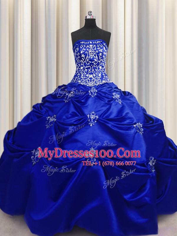 Designer Embroidery Ball Gowns Quinceanera Dresses Royal Blue Strapless Taffeta Sleeveless Floor Length Lace Up