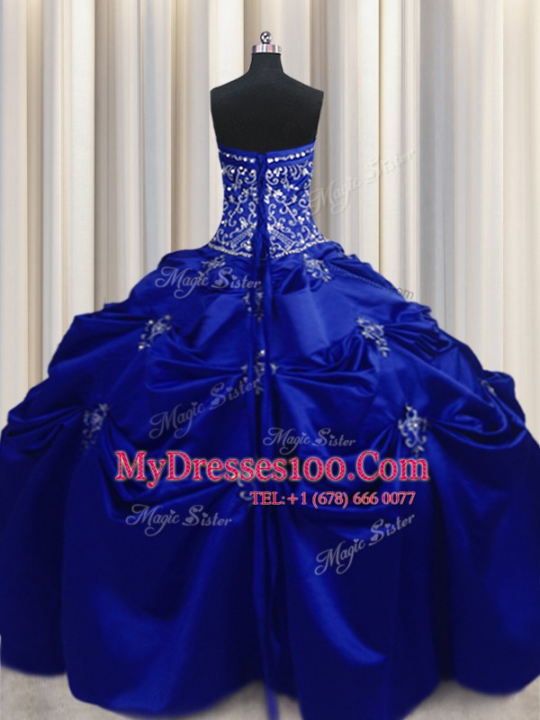 Designer Embroidery Ball Gowns Quinceanera Dresses Royal Blue Strapless Taffeta Sleeveless Floor Length Lace Up