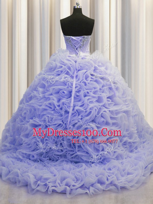Exceptional Sweetheart Sleeveless Fabric With Rolling Flowers Sweet 16 Dress Beading and Pick Ups Brush Train Lace Up