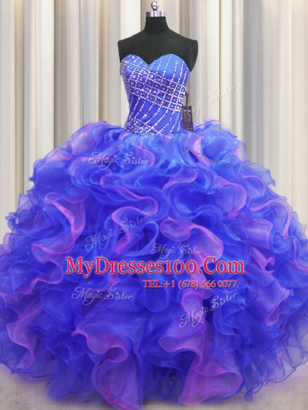 Fine Multi-color Sweetheart Neckline Beading and Ruffles Quinceanera Gowns Sleeveless Lace Up