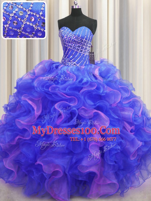 Fine Multi-color Sweetheart Neckline Beading and Ruffles Quinceanera Gowns Sleeveless Lace Up