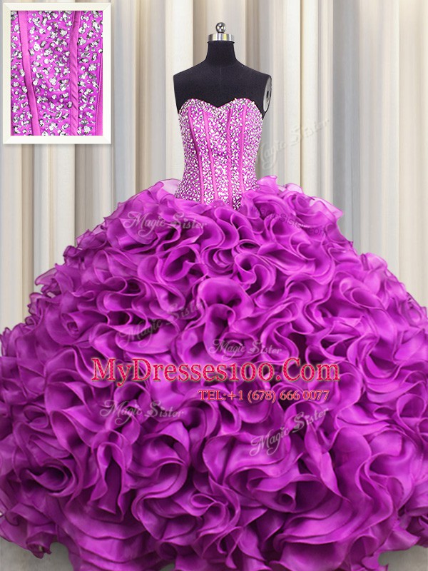 Visible Boning Fuchsia Sleeveless Organza Lace Up Ball Gown Prom Dress for Military Ball and Sweet 16 and Quinceanera