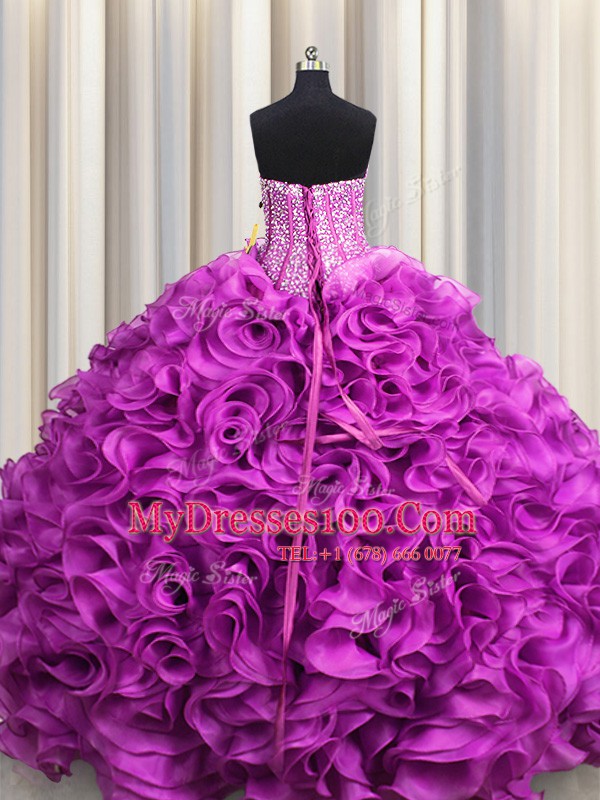 Visible Boning Fuchsia Sleeveless Organza Lace Up Ball Gown Prom Dress for Military Ball and Sweet 16 and Quinceanera