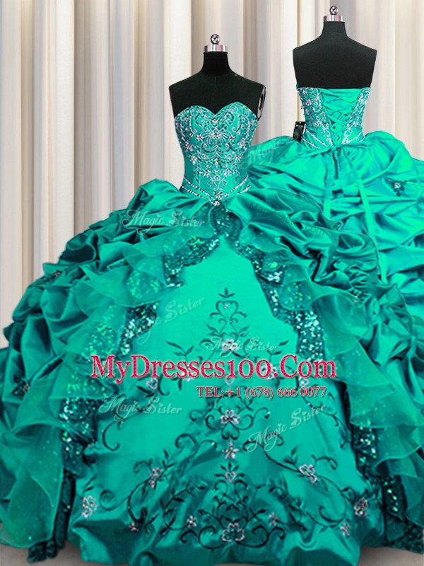 Beautiful Sequins Embroidery Ball Gowns Vestidos de Quinceanera Dark Green Sweetheart Taffeta Sleeveless Floor Length Lace Up