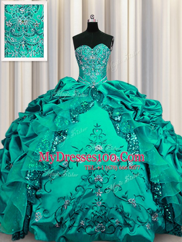 Beautiful Sequins Embroidery Ball Gowns Vestidos de Quinceanera Dark Green Sweetheart Taffeta Sleeveless Floor Length Lace Up