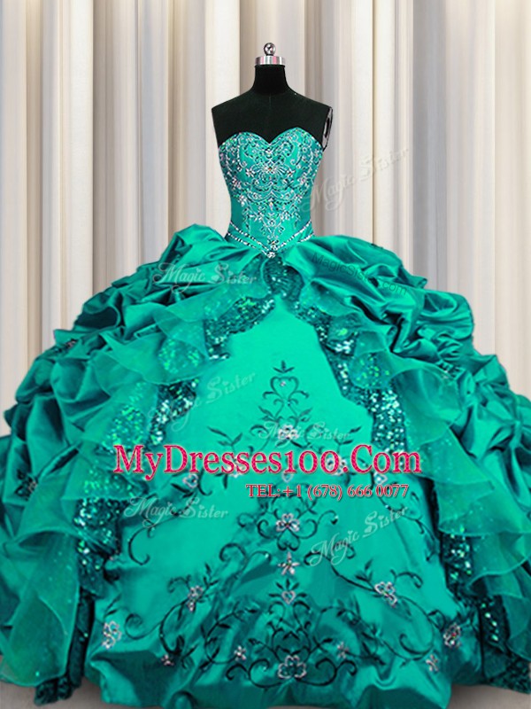 Beautiful Sequins Embroidery Ball Gowns Vestidos de Quinceanera Dark Green Sweetheart Taffeta Sleeveless Floor Length Lace Up