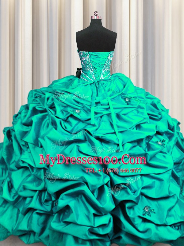 Beautiful Sequins Embroidery Ball Gowns Vestidos de Quinceanera Dark Green Sweetheart Taffeta Sleeveless Floor Length Lace Up