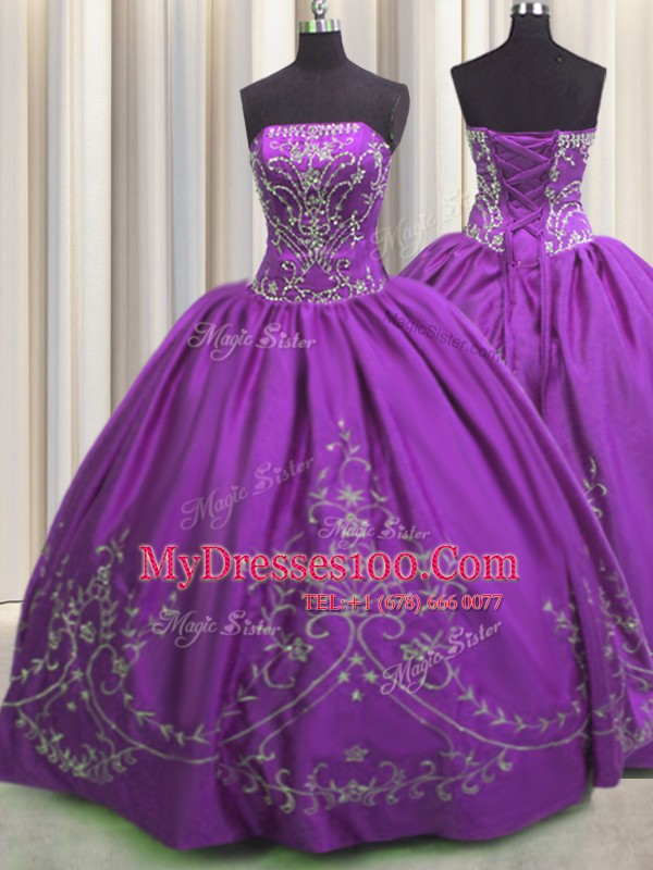 Strapless Sleeveless Taffeta Sweet 16 Dress Embroidery Lace Up