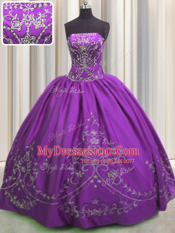 Strapless Sleeveless Taffeta Sweet 16 Dress Embroidery Lace Up