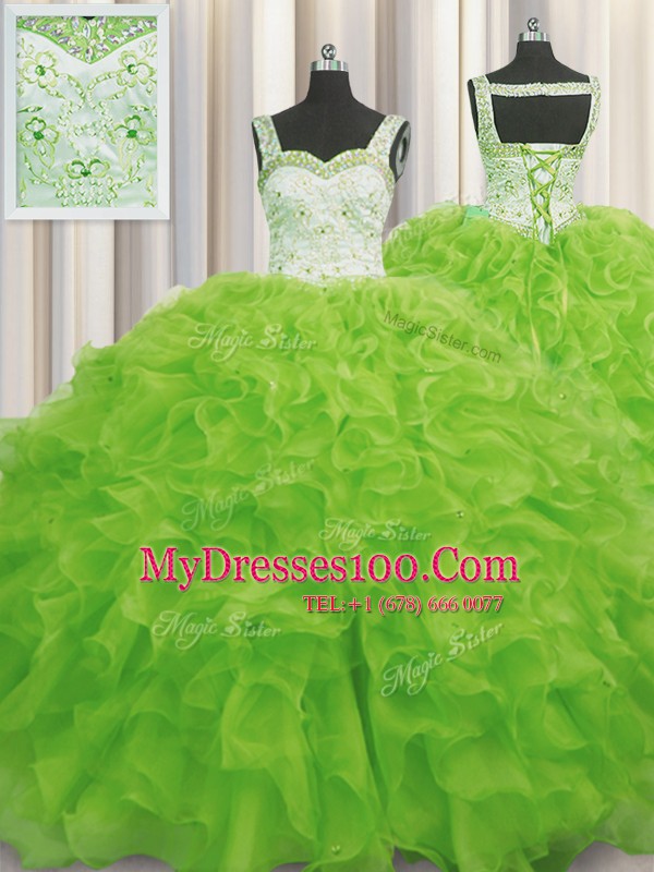 Luxury Sleeveless Floor Length Beading and Ruffles Lace Up Sweet 16 Dresses with Yellow Green