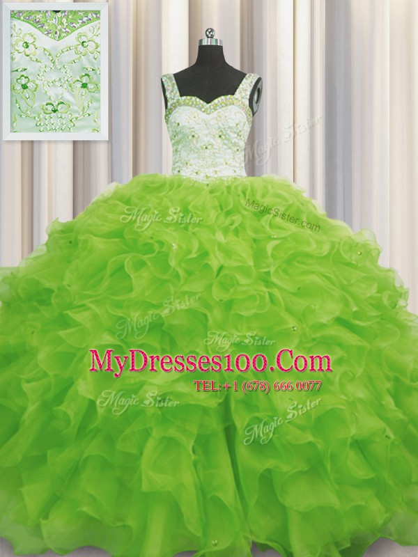Luxury Sleeveless Floor Length Beading and Ruffles Lace Up Sweet 16 Dresses with Yellow Green