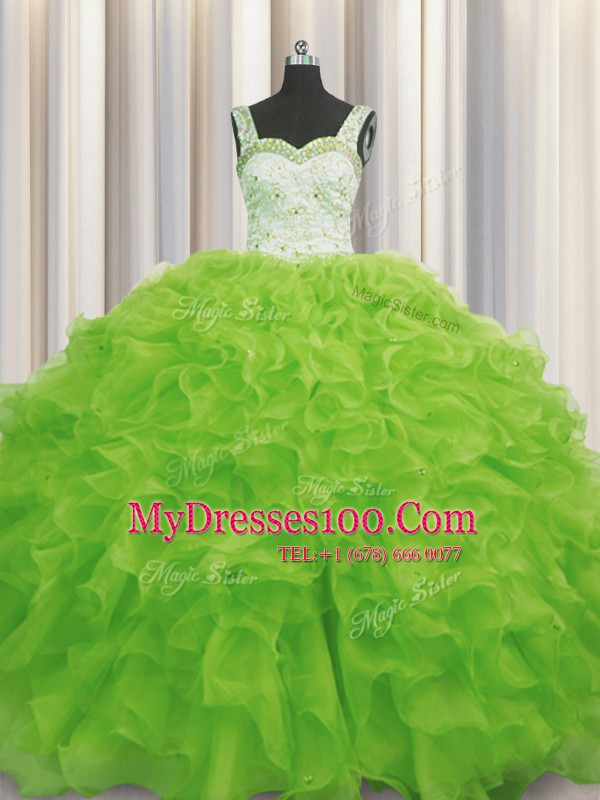 Luxury Sleeveless Floor Length Beading and Ruffles Lace Up Sweet 16 Dresses with Yellow Green