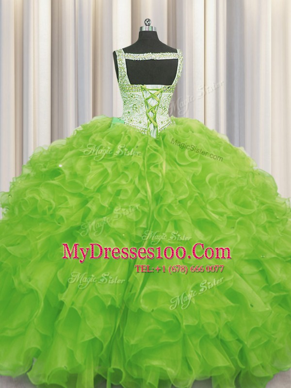 Luxury Sleeveless Floor Length Beading and Ruffles Lace Up Sweet 16 Dresses with Yellow Green