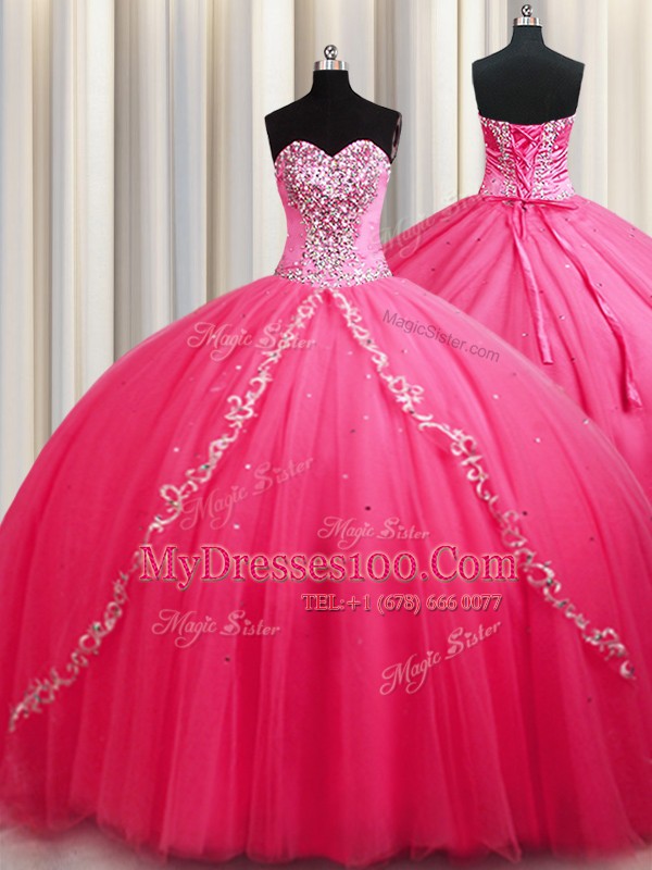 Hot Pink Lace Up Ball Gown Prom Dress Beading Sleeveless Brush Train