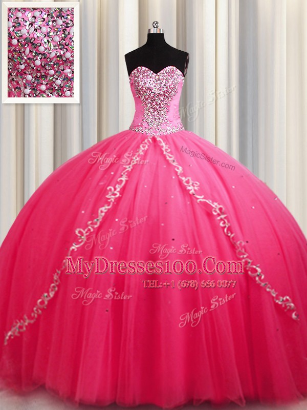 Hot Pink Lace Up Ball Gown Prom Dress Beading Sleeveless Brush Train