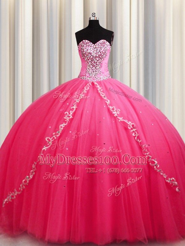 Hot Pink Lace Up Ball Gown Prom Dress Beading Sleeveless Brush Train