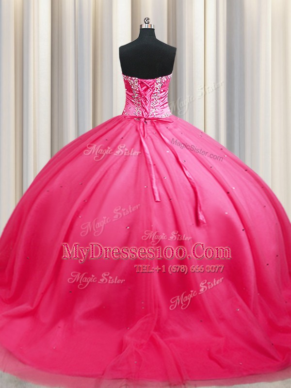 Hot Pink Lace Up Ball Gown Prom Dress Beading Sleeveless Brush Train