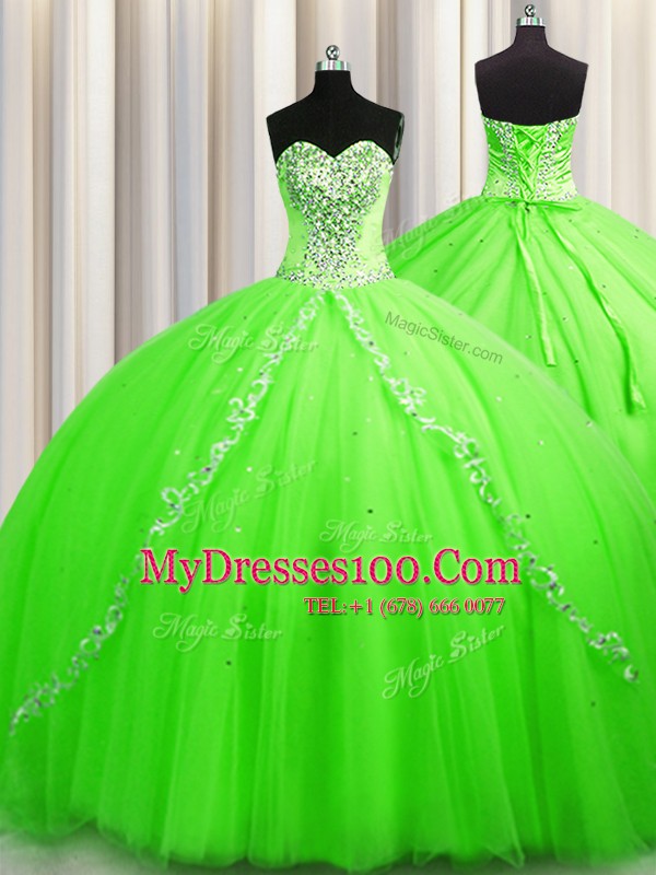 Lace Up Sweetheart Beading Quinceanera Gowns Tulle Sleeveless Brush Train