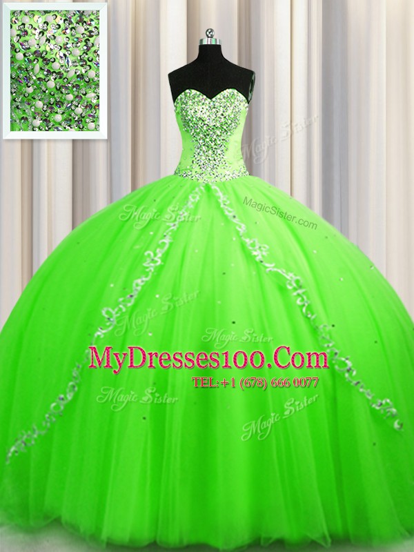 Lace Up Sweetheart Beading Quinceanera Gowns Tulle Sleeveless Brush Train