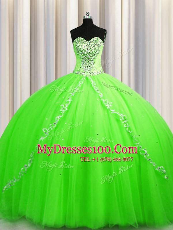 Lace Up Sweetheart Beading Quinceanera Gowns Tulle Sleeveless Brush Train