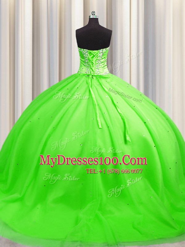 Lace Up Sweetheart Beading Quinceanera Gowns Tulle Sleeveless Brush Train