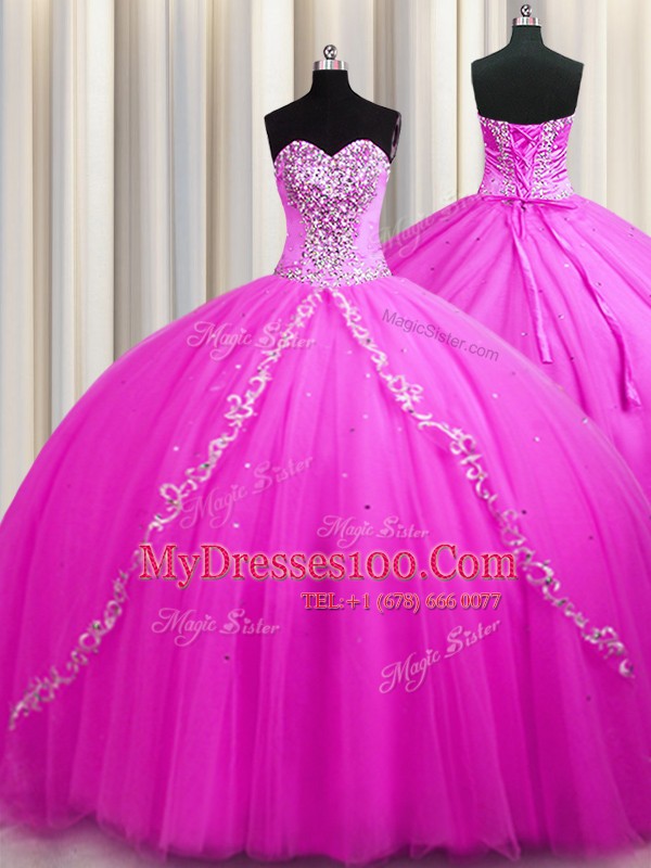 Flirting Sweep Train Rose Pink Sleeveless Tulle Lace Up Quinceanera Gowns for Military Ball and Sweet 16 and Quinceanera