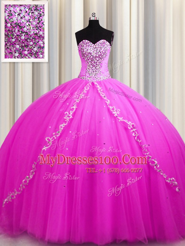 Flirting Sweep Train Rose Pink Sleeveless Tulle Lace Up Quinceanera Gowns for Military Ball and Sweet 16 and Quinceanera