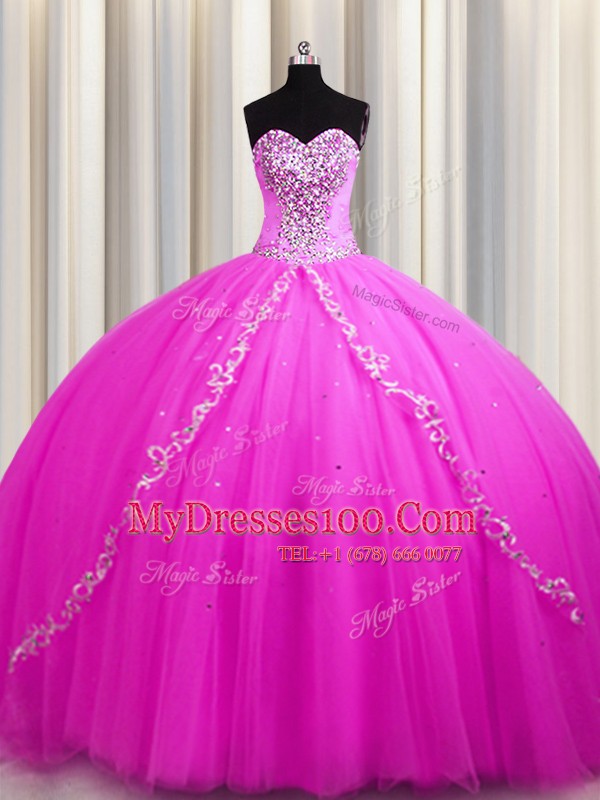 Flirting Sweep Train Rose Pink Sleeveless Tulle Lace Up Quinceanera Gowns for Military Ball and Sweet 16 and Quinceanera
