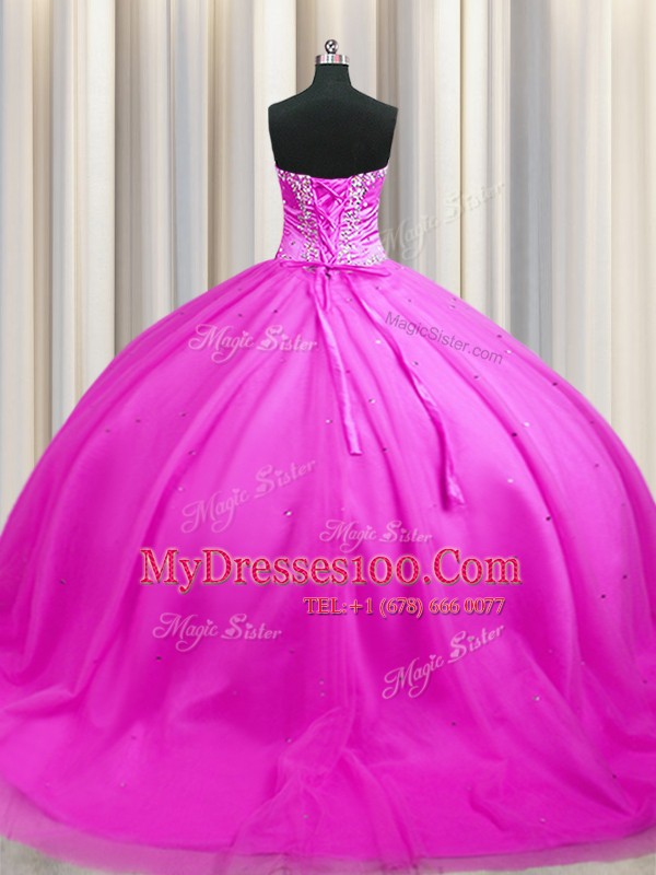 Flirting Sweep Train Rose Pink Sleeveless Tulle Lace Up Quinceanera Gowns for Military Ball and Sweet 16 and Quinceanera