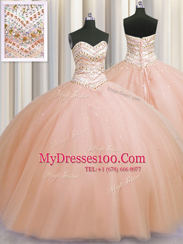 Discount Bling-bling Really Puffy Tulle Sleeveless Floor Length Quinceanera Gowns and Beading