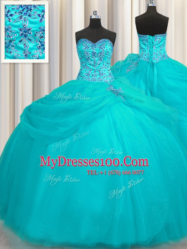 Fine Puffy Skirt Aqua Blue Organza Lace Up Ball Gown Prom Dress Sleeveless Floor Length Beading
