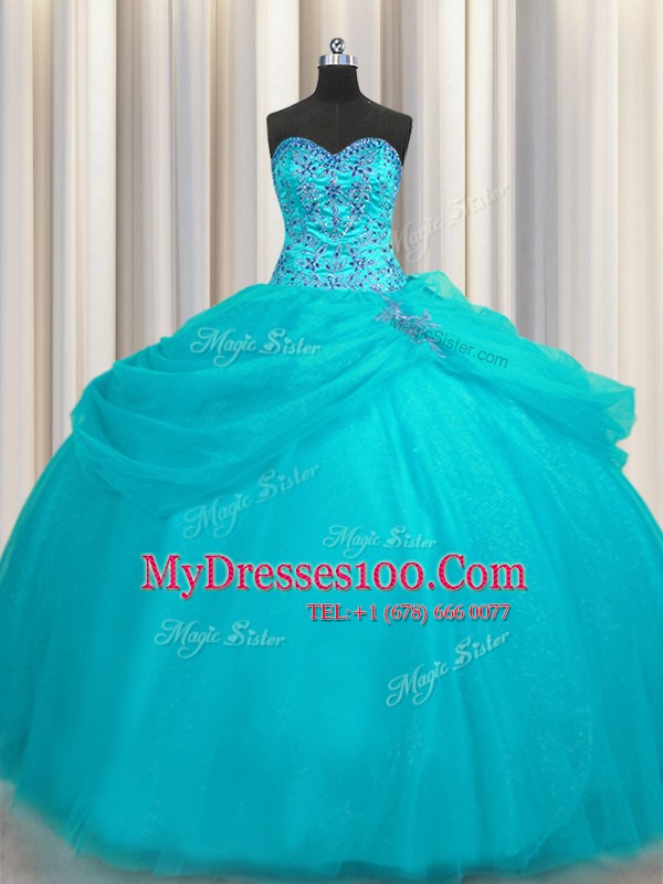 Fine Puffy Skirt Aqua Blue Organza Lace Up Ball Gown Prom Dress Sleeveless Floor Length Beading
