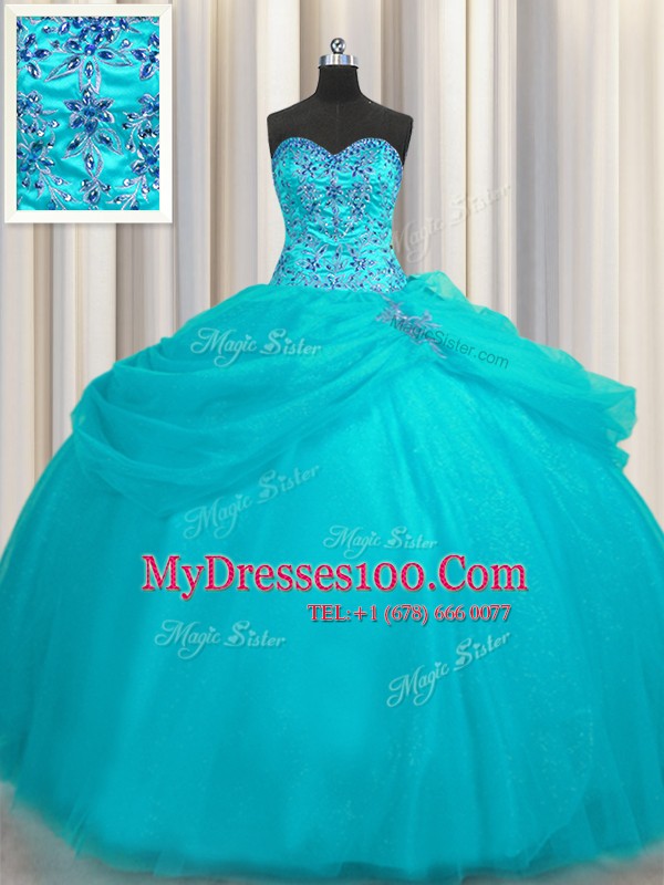 Fine Puffy Skirt Aqua Blue Organza Lace Up Ball Gown Prom Dress Sleeveless Floor Length Beading