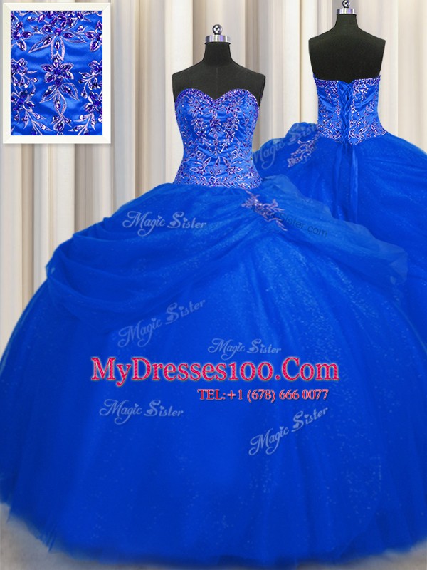 Big Puffy Sweetheart Sleeveless Lace Up Quinceanera Gowns Royal Blue Tulle