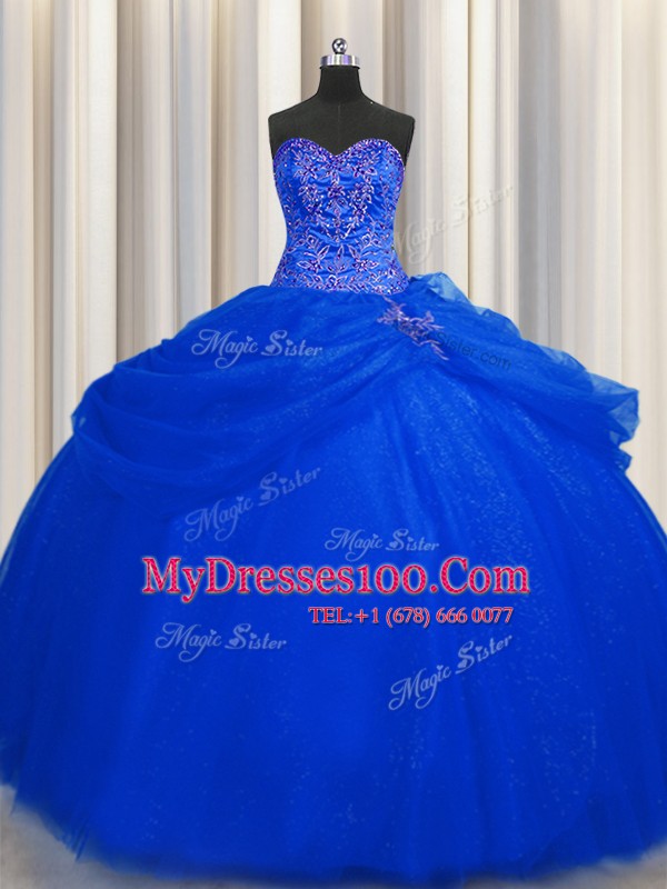 Big Puffy Sweetheart Sleeveless Lace Up Quinceanera Gowns Royal Blue Tulle