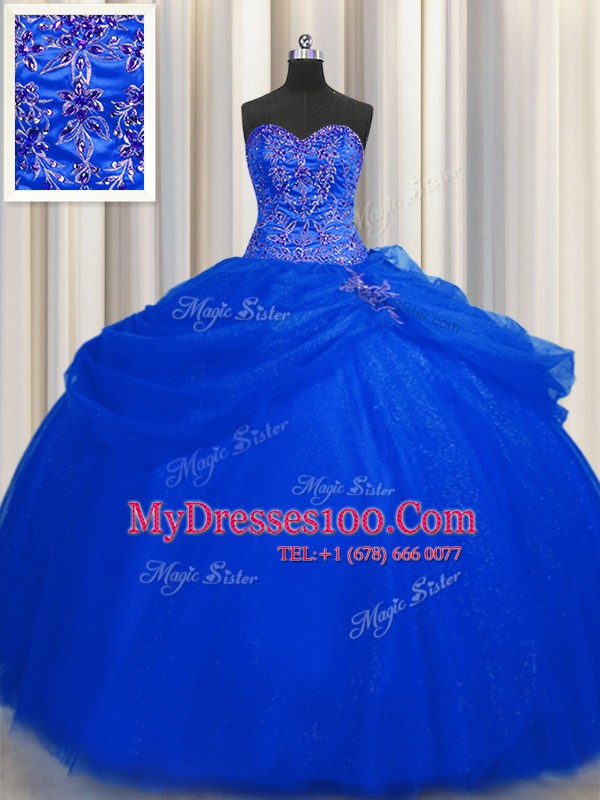 Big Puffy Sweetheart Sleeveless Lace Up Quinceanera Gowns Royal Blue Tulle